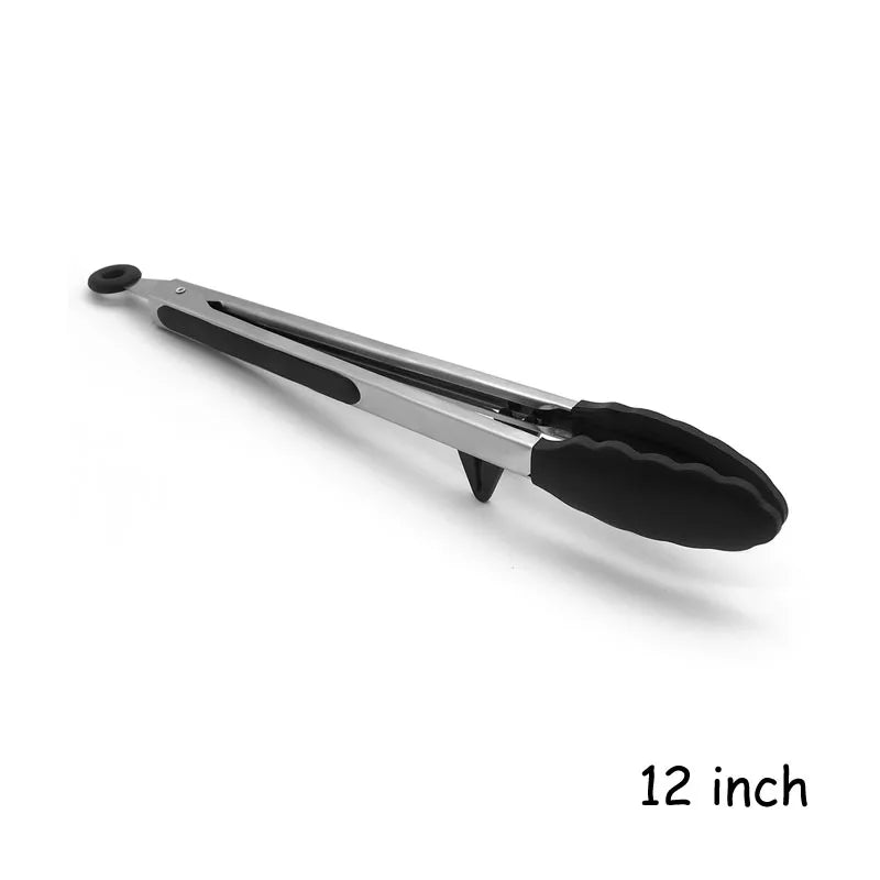 LMETJMA Kitchen Cooking Tongs Heat Resistant Stainless Steel BBQ Tong with Silicone Tips and Stand Design For Salad Grill KC0254