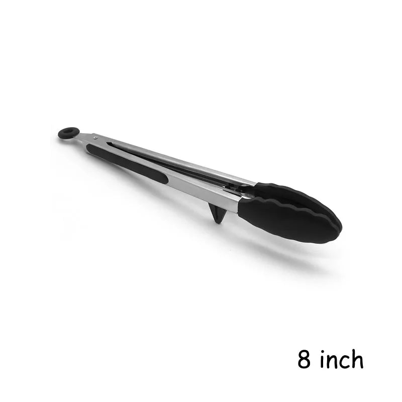 LMETJMA Kitchen Cooking Tongs Heat Resistant Stainless Steel BBQ Tong with Silicone Tips and Stand Design For Salad Grill KC0254