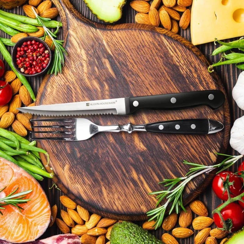 4/6/8/12 Pcs Steak Knives Forks Set Sharp Blade Black PP Handle Outdoor BBQ Picnic Meat Cutter Multi-function Fish Cutting Knife
