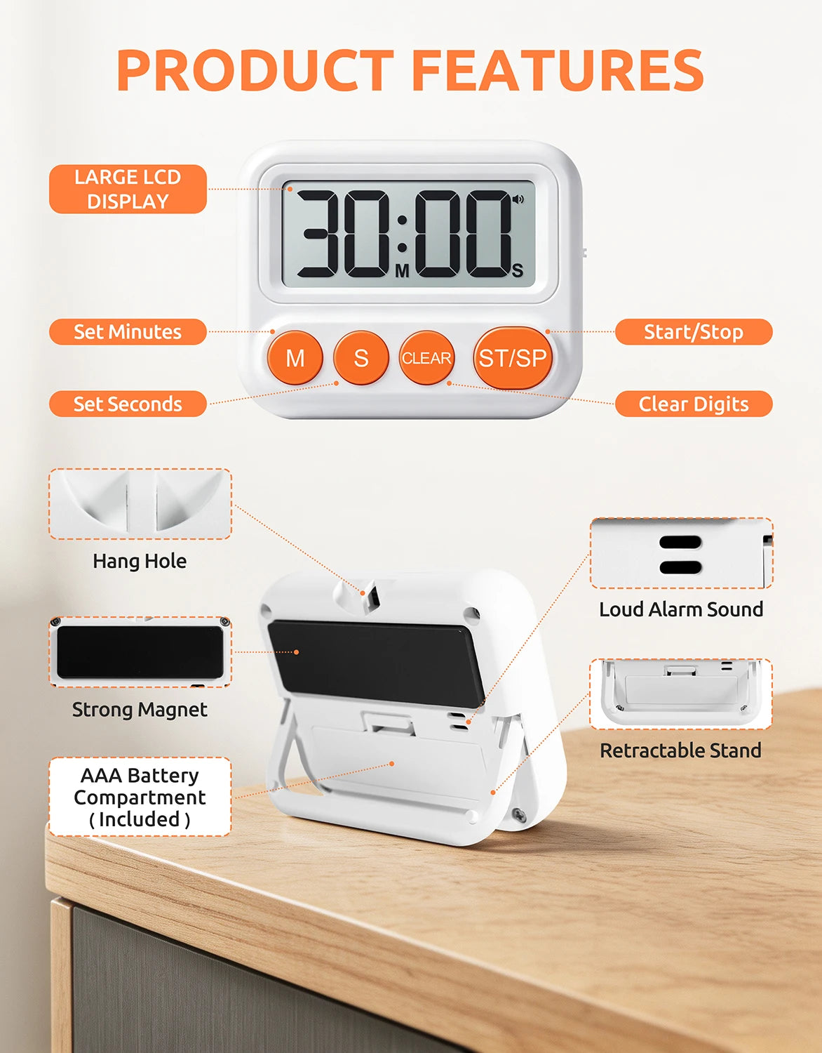 New Digital Timer Adjustable Volume LCD Display Countdown/Count up Magnetic Kitchen Timer for Cooking Learning and Yoga