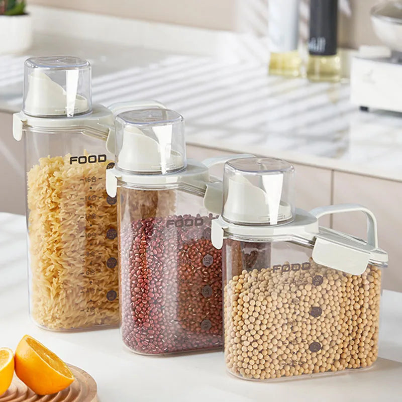 Airtight Cereal Storage Container, 1600/2000/2800ml Grain Dispenser with Measuring Cup for Rice, Beans and Dry Food