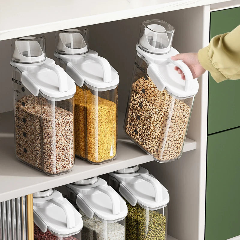 Airtight Cereal Storage Container, 1600/2000/2800ml Grain Dispenser with Measuring Cup for Rice, Beans and Dry Food