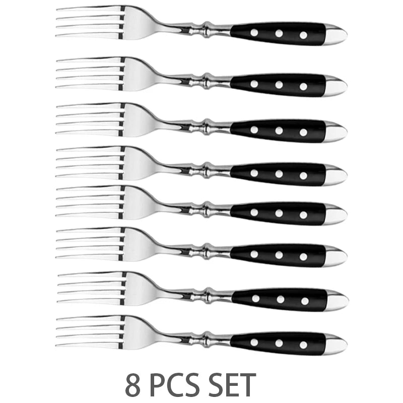 4/6/8/12 Pcs Steak Knives Forks Set Sharp Blade Black PP Handle Outdoor BBQ Picnic Meat Cutter Multi-function Fish Cutting Knife