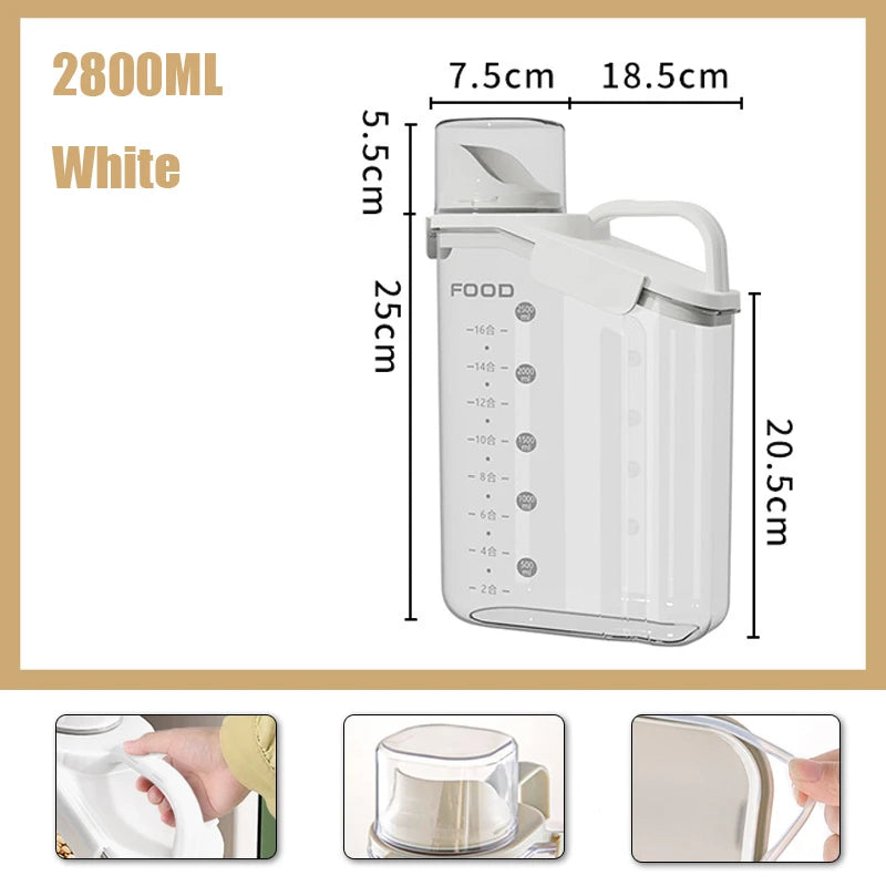 Airtight Cereal Storage Container, 1600/2000/2800ml Grain Dispenser with Measuring Cup for Rice, Beans and Dry Food