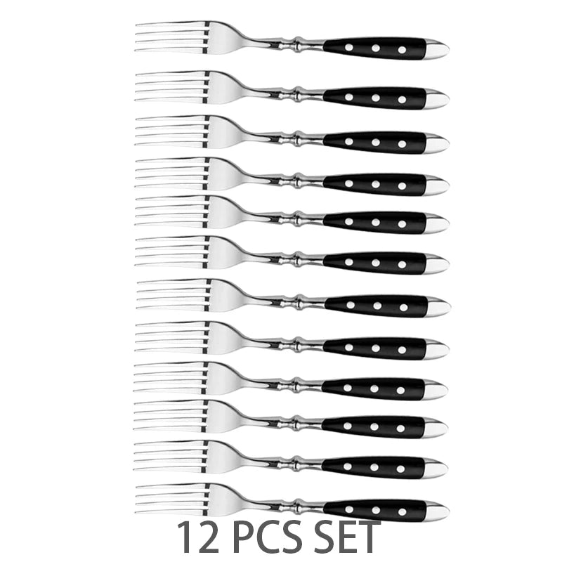 4/6/8/12 Pcs Steak Knives Forks Set Sharp Blade Black PP Handle Outdoor BBQ Picnic Meat Cutter Multi-function Fish Cutting Knife
