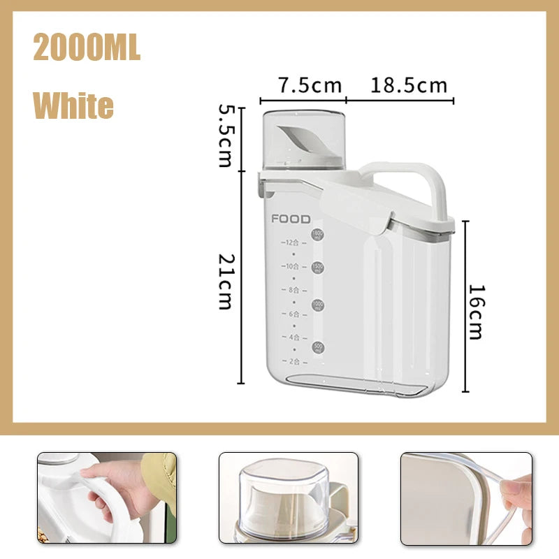 Airtight Cereal Storage Container, 1600/2000/2800ml Grain Dispenser with Measuring Cup for Rice, Beans and Dry Food