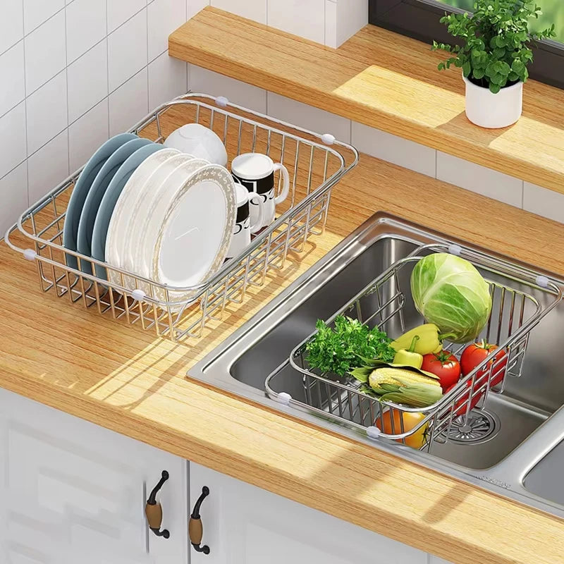Adjustable Drain Baskte Stainless Steel Sink Tableware Rack Kitchen Fruit Drainer Expandable Vegetable Washing Basin Dish Rack