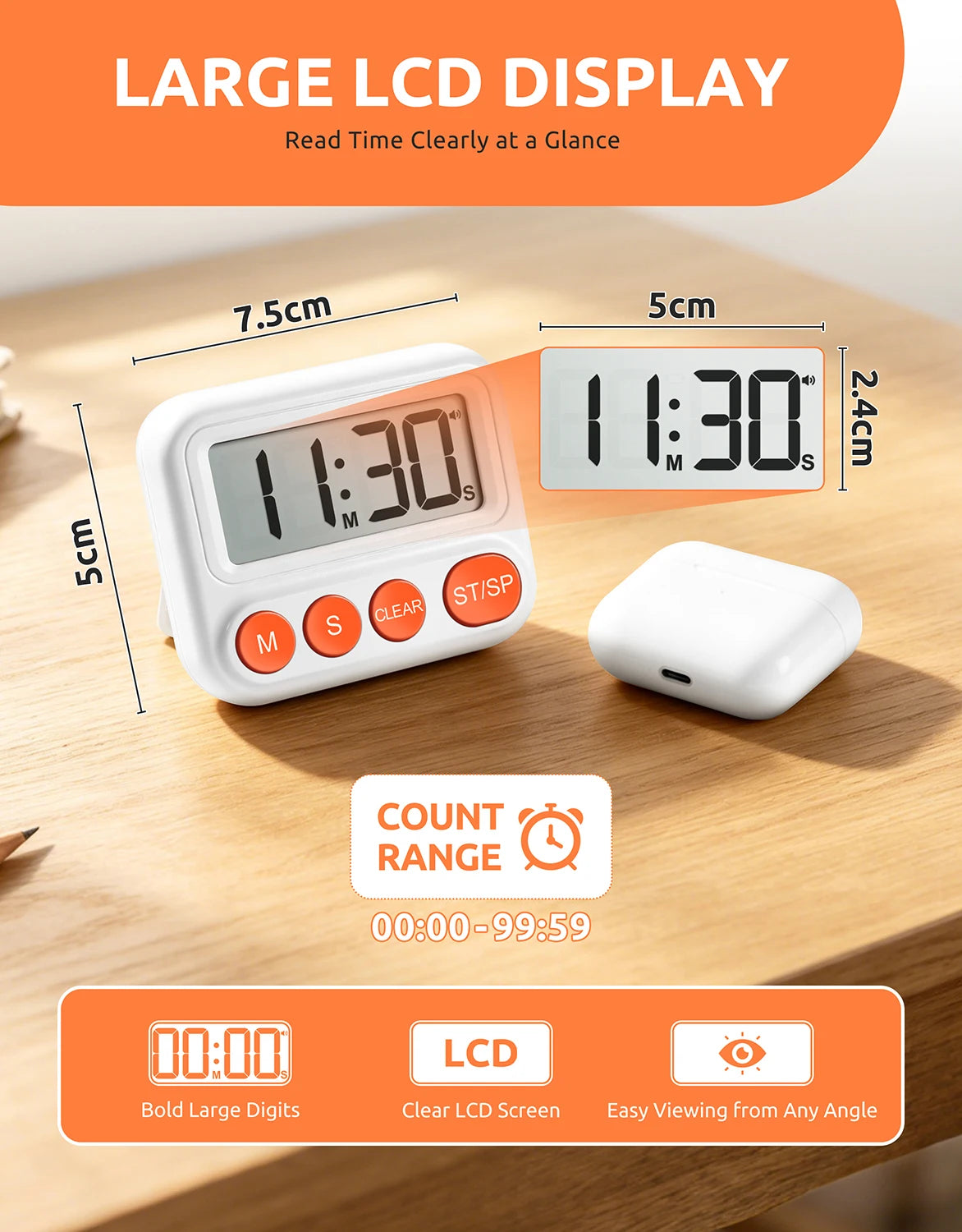 New Digital Timer Adjustable Volume LCD Display Countdown/Count up Magnetic Kitchen Timer for Cooking Learning and Yoga