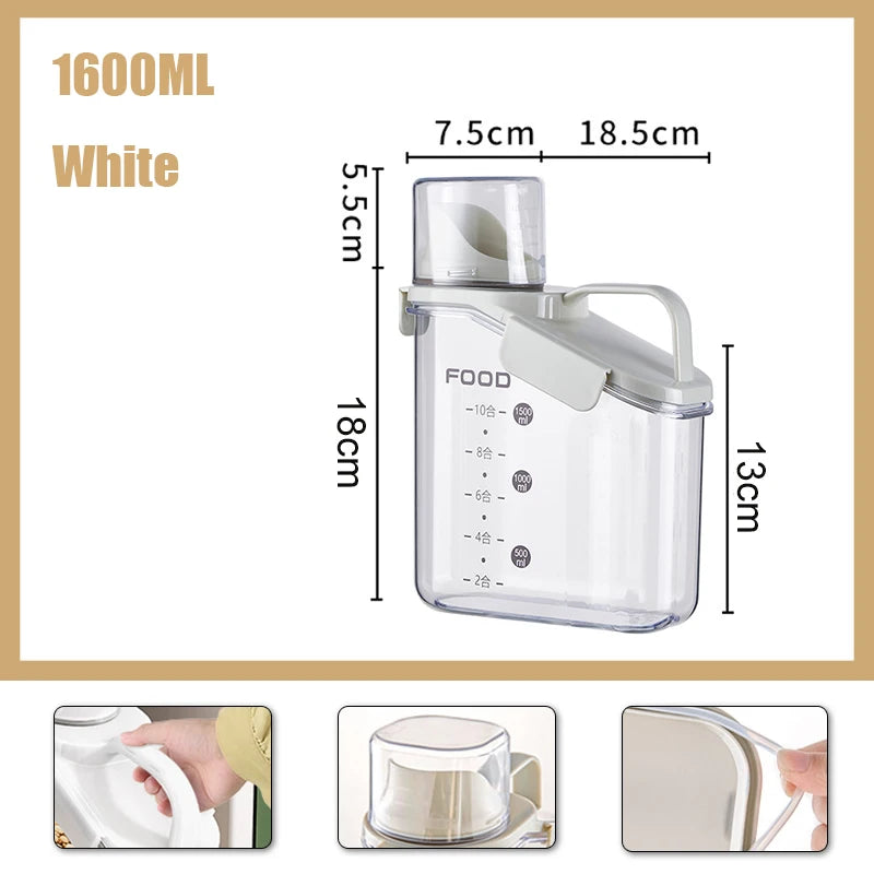 Airtight Cereal Storage Container, 1600/2000/2800ml Grain Dispenser with Measuring Cup for Rice, Beans and Dry Food