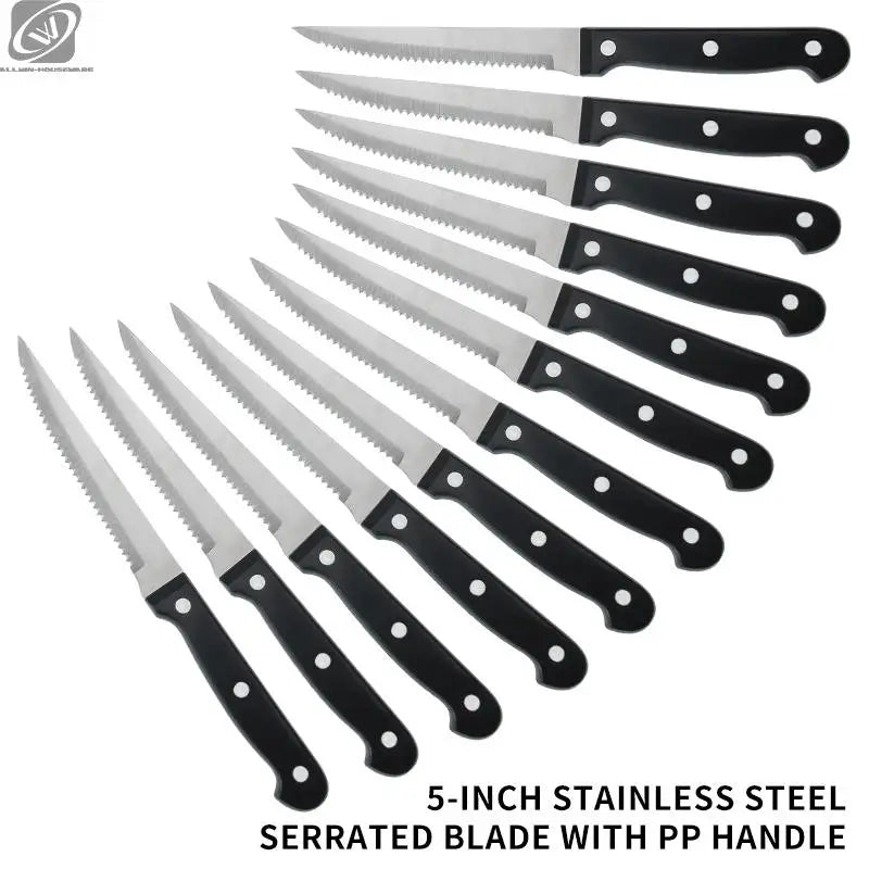 4/6/8/12 Pcs Steak Knives Forks Set Sharp Blade Black PP Handle Outdoor BBQ Picnic Meat Cutter Multi-function Fish Cutting Knife