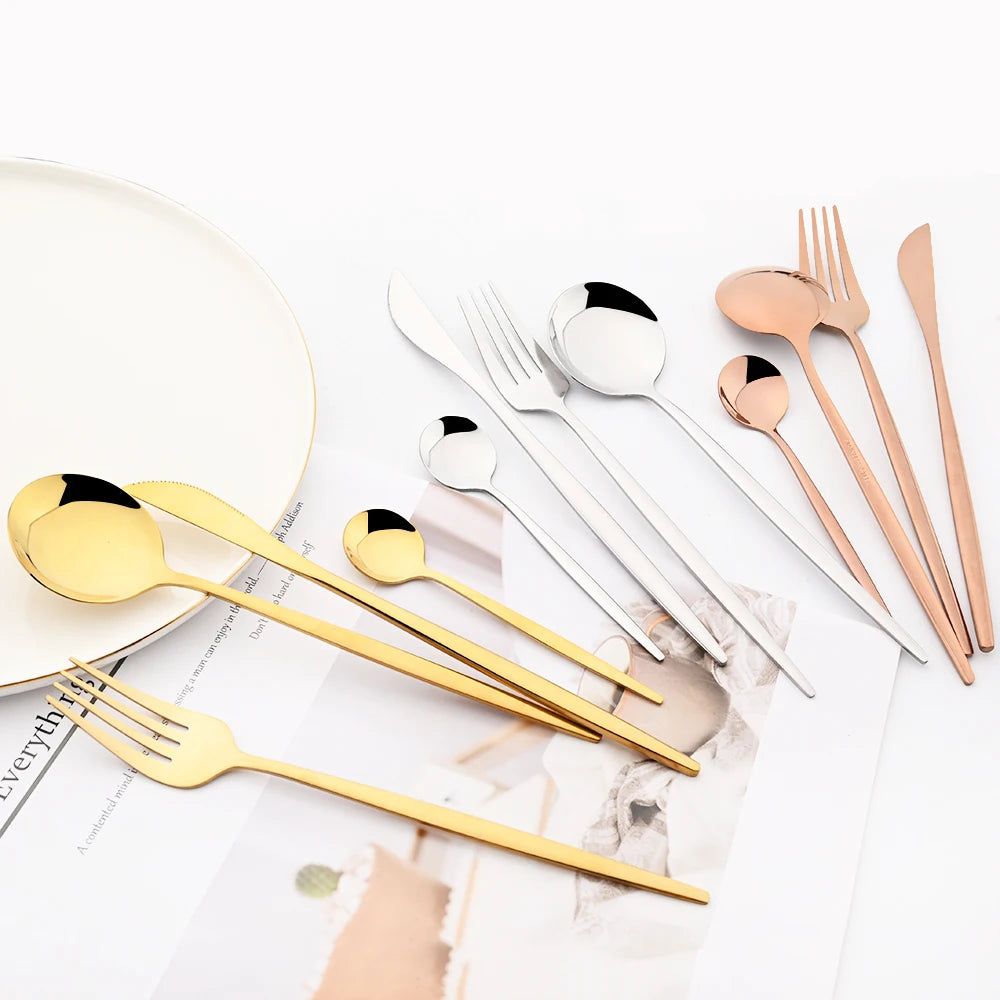 24pcs Stainless Steel Cutlery Set Knife Coffee Spoon Fork Dinnerware Set Mirror Durable Flatware Western Party Kitchen Tableware
