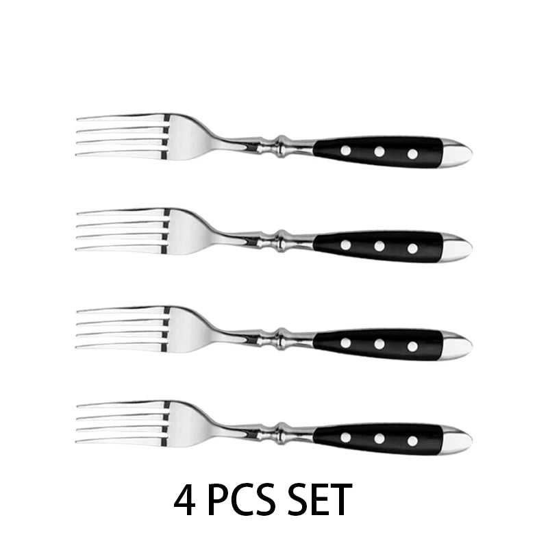 4/6/8/12 Pcs Steak Knives Forks Set Sharp Blade Black PP Handle Outdoor BBQ Picnic Meat Cutter Multi-function Fish Cutting Knife