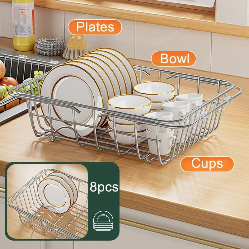 Adjustable Drain Baskte Stainless Steel Sink Tableware Rack Kitchen Fruit Drainer Expandable Vegetable Washing Basin Dish Rack