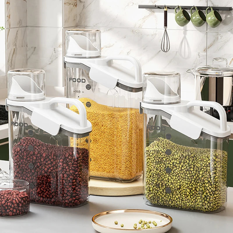 Airtight Cereal Storage Container, 1600/2000/2800ml Grain Dispenser with Measuring Cup for Rice, Beans and Dry Food