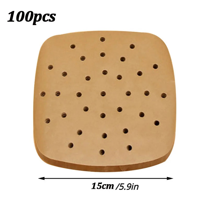 100Pcs Disposable Air Fryer Paper Steamer Liners Perforated Parchment Baking Papers Non-Stick Steaming Mat Oil-absorbing Paper