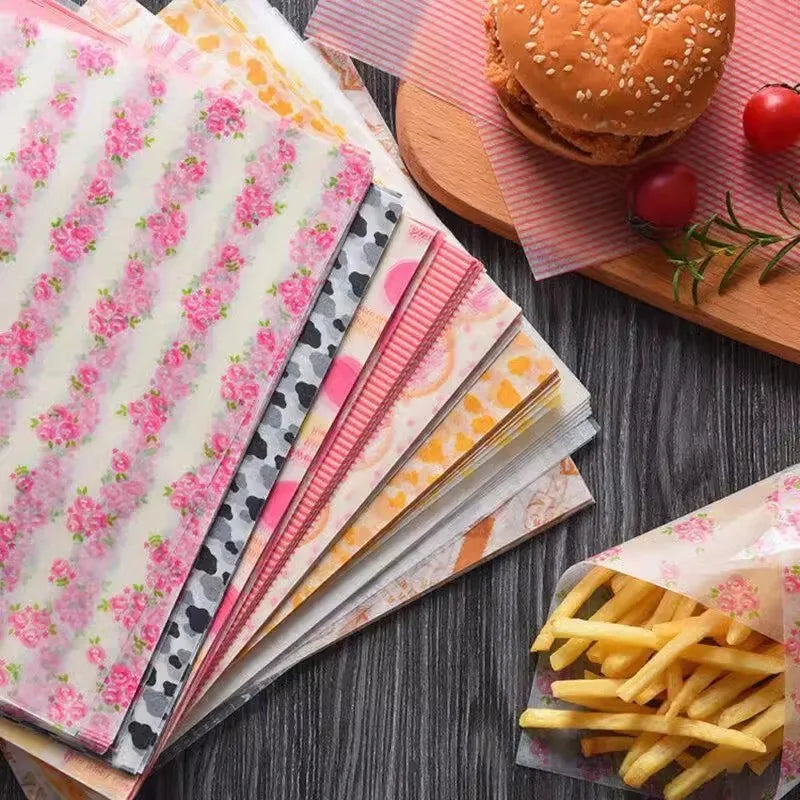 50pcs Food Wrapping Paper Food Grade Oil Wax Paper Oil-free Air Fryer Baking Wax Paper Packaging Burger Oil Paper Baking Tool