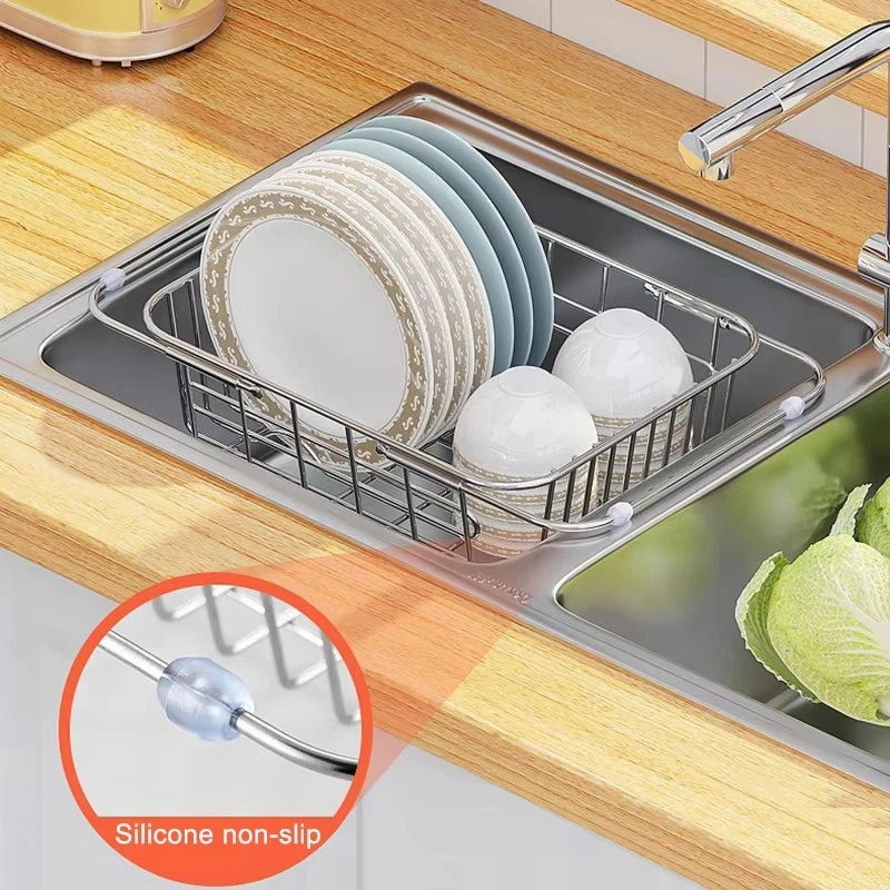 Adjustable Drain Baskte Stainless Steel Sink Tableware Rack Kitchen Fruit Drainer Expandable Vegetable Washing Basin Dish Rack